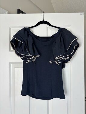 Umgee Navy Tank Top with Layered Ruffle Pom Trim